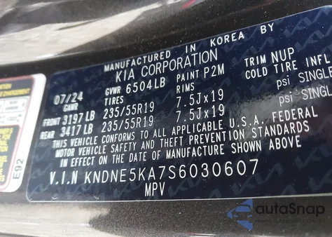 2025 Kia Carnival Mpv Hybrid Sx z USA, uszkodzony, nr VIN KNDNE5KA7S6030607